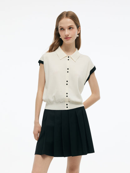 Tencel Blend Color Block Women Polo Short Sleeve Cardigan