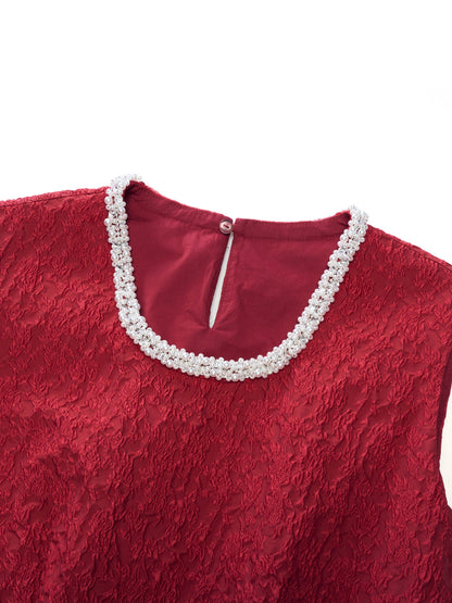 Jacquard Beaded Round Neck Women Sleeveless Mini Dress