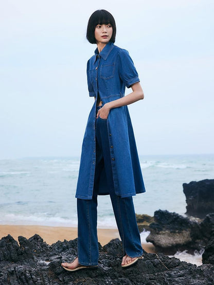 Tencel Denim Shirt Midi Collared Dress With Belt