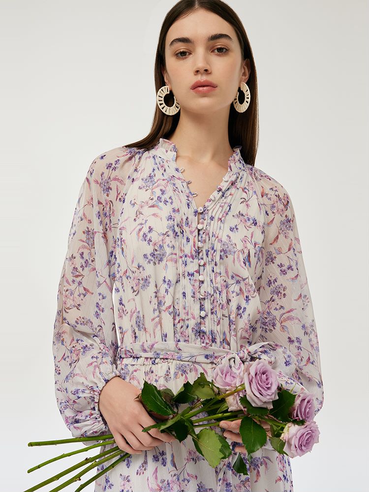 Floral Print Tiered Women Maxi Dress With Belt