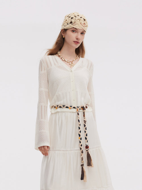 Tencel Blend Openwork Women Flared Sleeve Cardigan