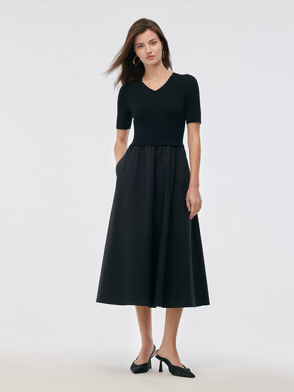 Tencel V-Neck Patchwork Women Midi Dress