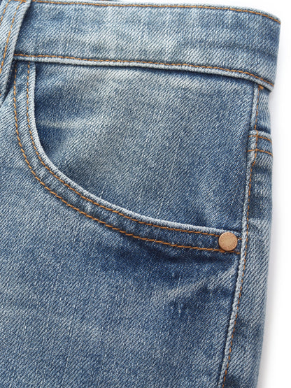 Cotton Denim Adjustable Waist Women Straight Leg Folded Jeans