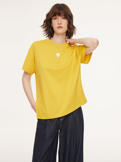 Asymmetrical Hem Heart Decorated Women T-Shirt