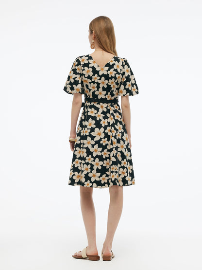 Cotton Stretch Floral Print Women Tie Belt Midi Dress