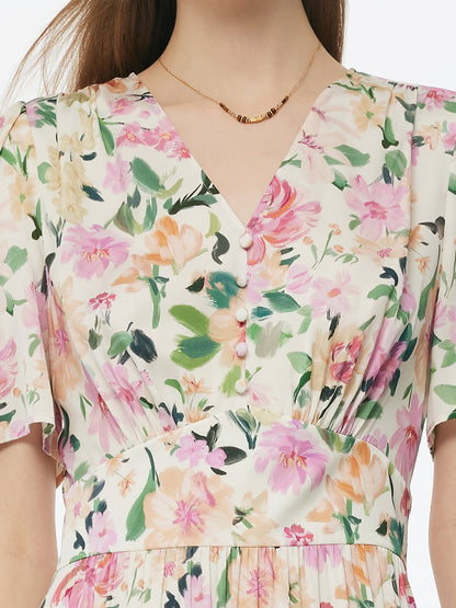 19MM Mulberry Silk Floral Print V-Neck Women Maxi Dress