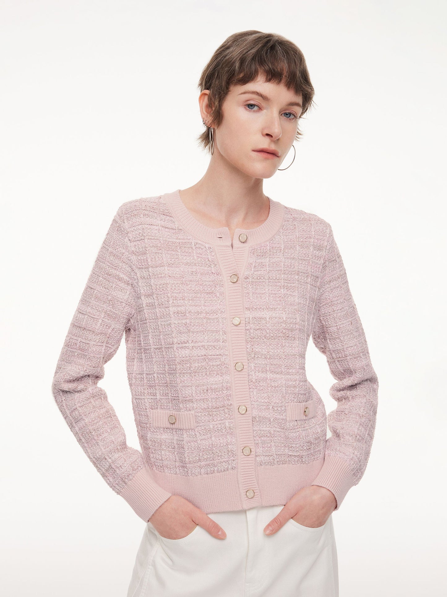 Textured Round Neck Women Stretchy Cardigan