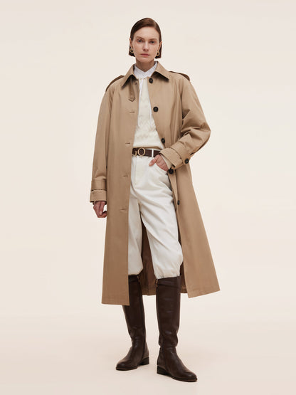 Cotton Self-Tie Belt Women Long Trench Coat
