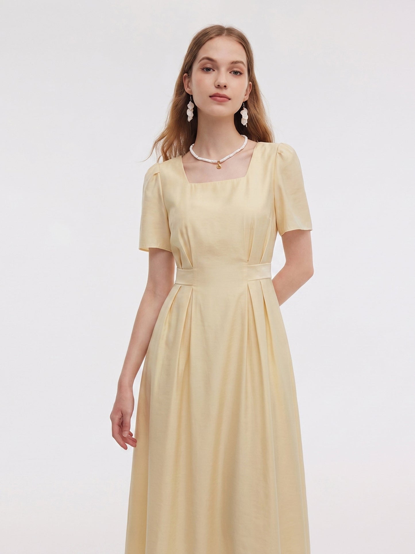 Pre-Order Tencel Blend Square Neck Women Gather-Waisted Maxi Dress