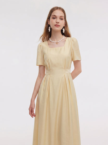 Pre-Order Tencel Blend Square Neck Women Gather-Waisted Maxi Dress