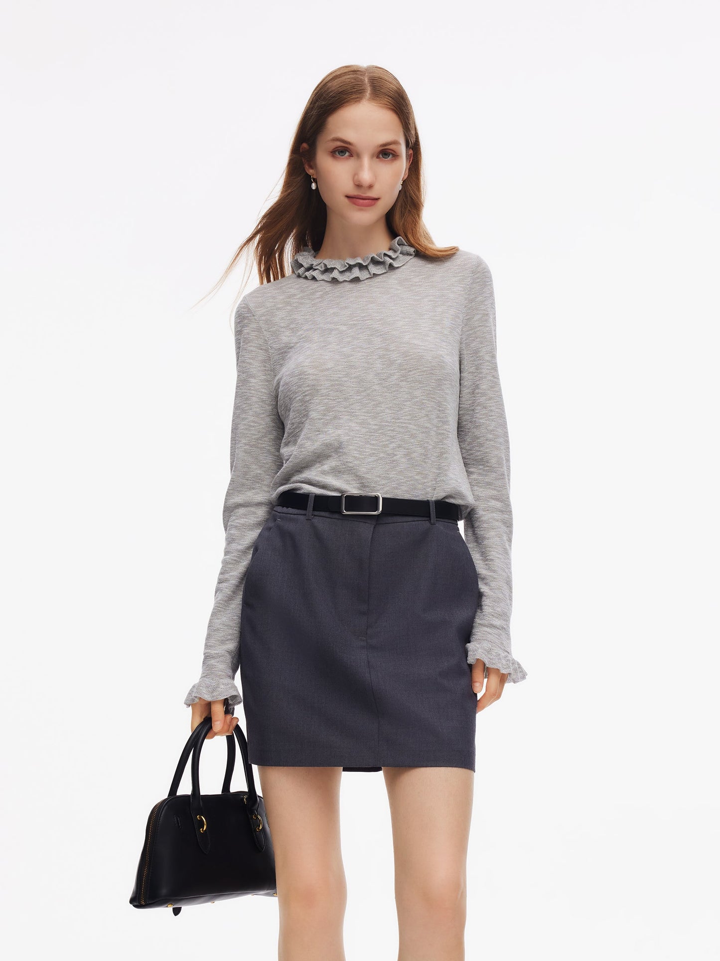 Ruffle Neckline Women Knit Top