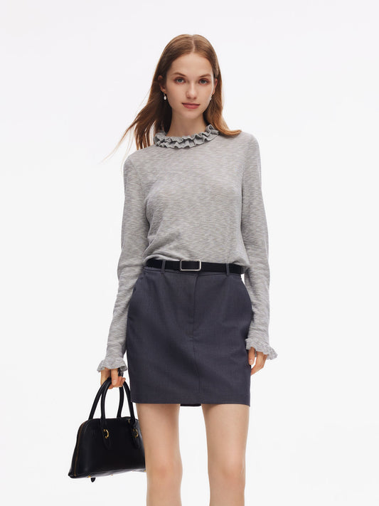 Ruffle Neckline Women Knit Top
