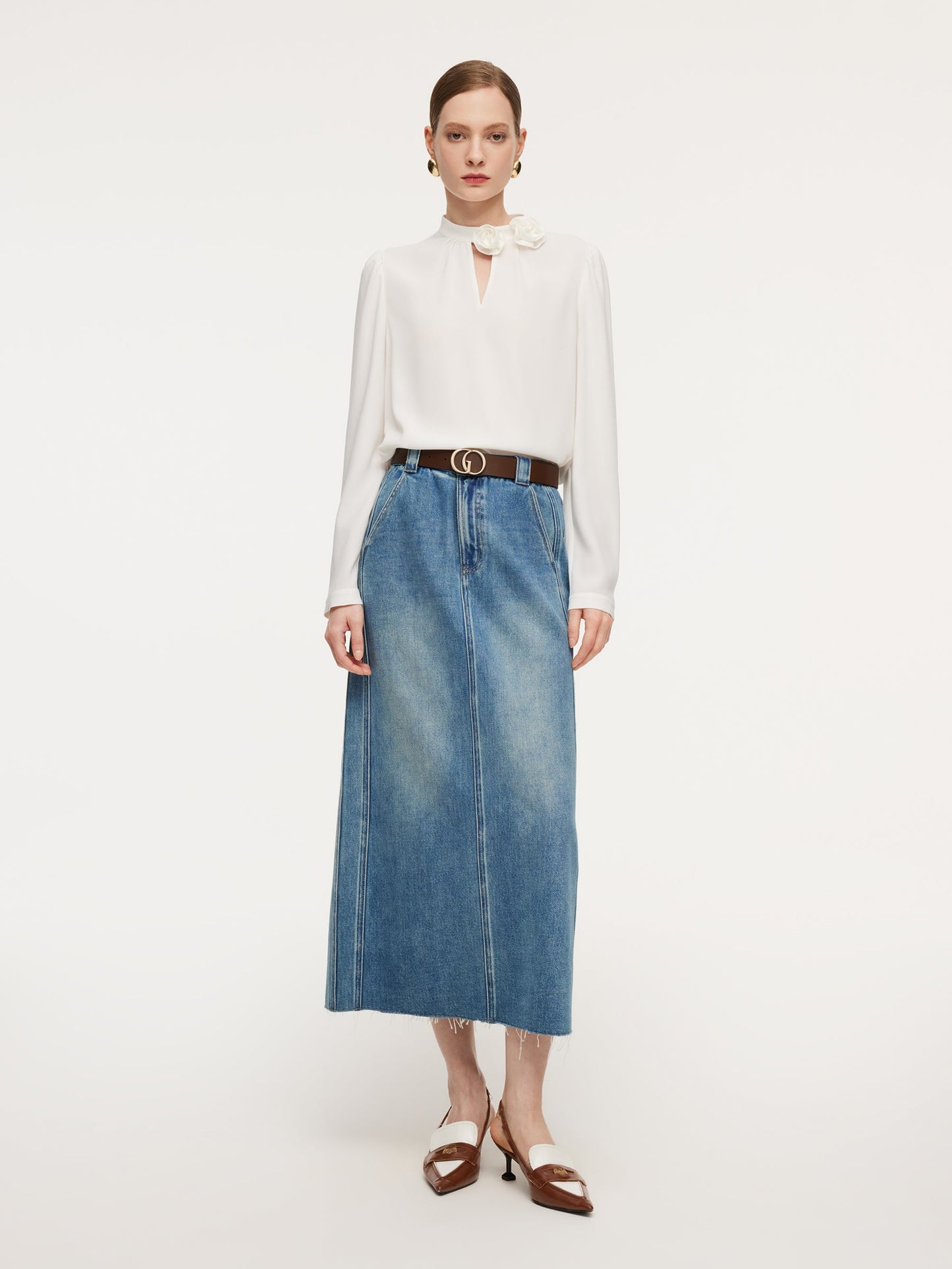 Lyocell Cotton Blend Denim Frayed Hem Women Skirt With Belt