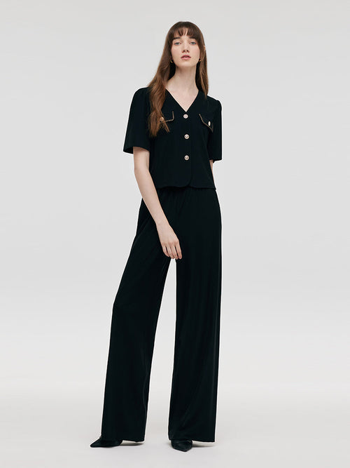 Pre-Order V-Neck Top And Straight Pants Two-Piece Set
