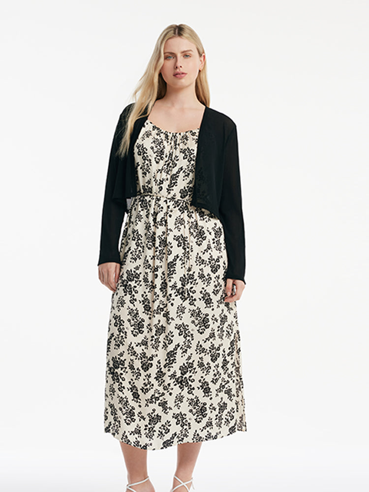 Camellia Print Spaghetti Strap Dress And Knitted Cardigan Two-Piece Set