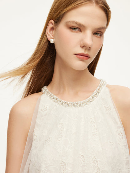 Lace Embroidered Sequins Halter Top And Mesh Skirt Two-Piece Set