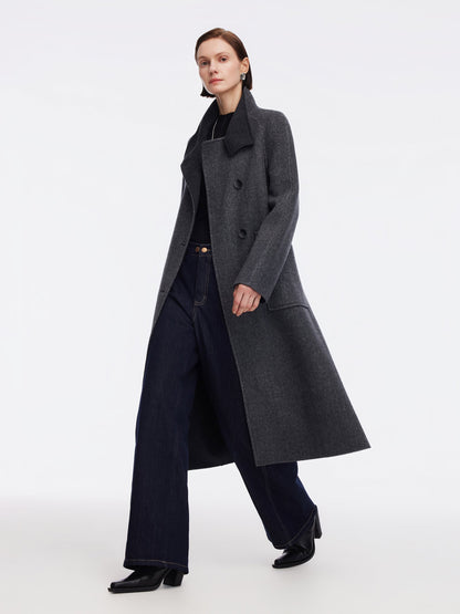 Cashmere Wool Blend Double-Faced Women Self-Tie Belt Overcoat