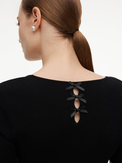 Lyocell Blend Bowknot Embroidered Women Square Neck Knit Top