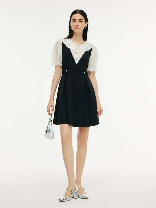 Faux-Layered A-Line Women Puff Sleeve Knit Mini Dress