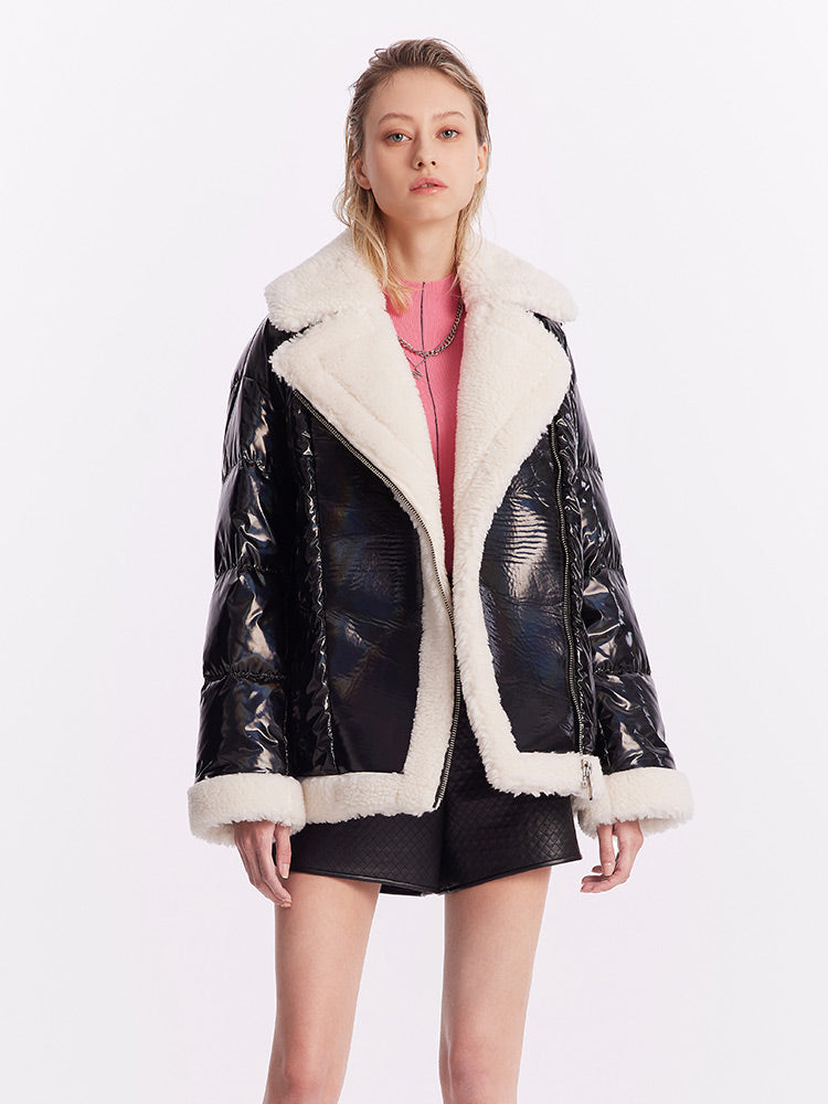 Lapel Patchwork Goose Down Jacket