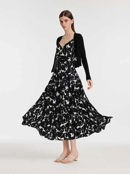 19 Momme Mulberry Silk Iris Print Women Maxi Spaghetti Strap Dress With Scrunchie
