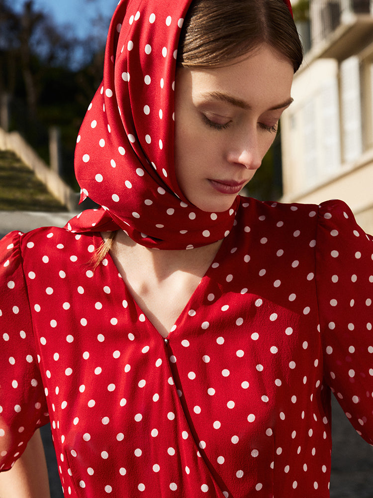 10 Momme Mulberry Silk Polka Dots Print Wrapped Ruffle Women Midi Dress