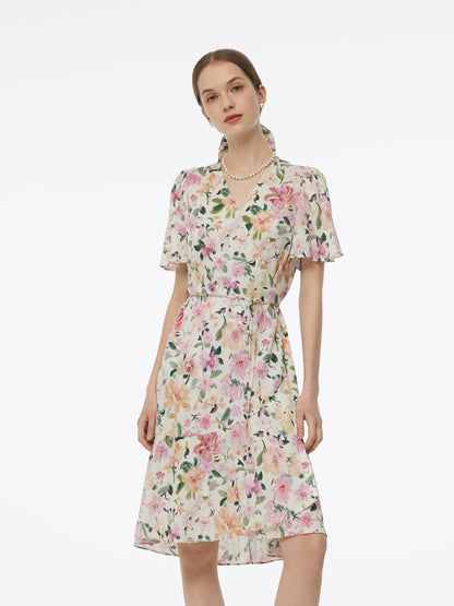 19MM Mulberry Silk Floral Print V-Neck Women Wrap Midi Dress