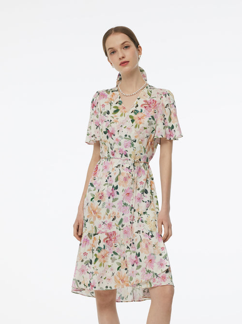 19MM Mulberry Silk Floral Print V-Neck Women Wrap Midi Dress