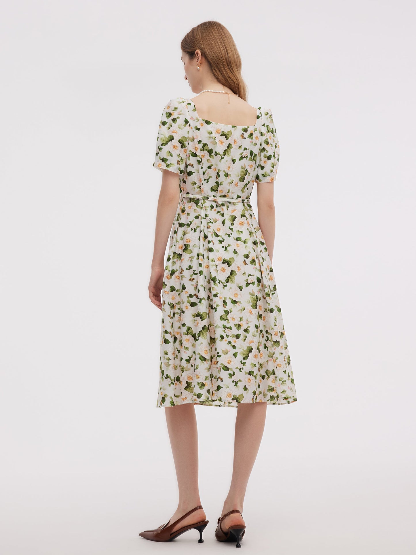 Acetate Blend Floral Print Women V-Neck Midi Dress With Belt