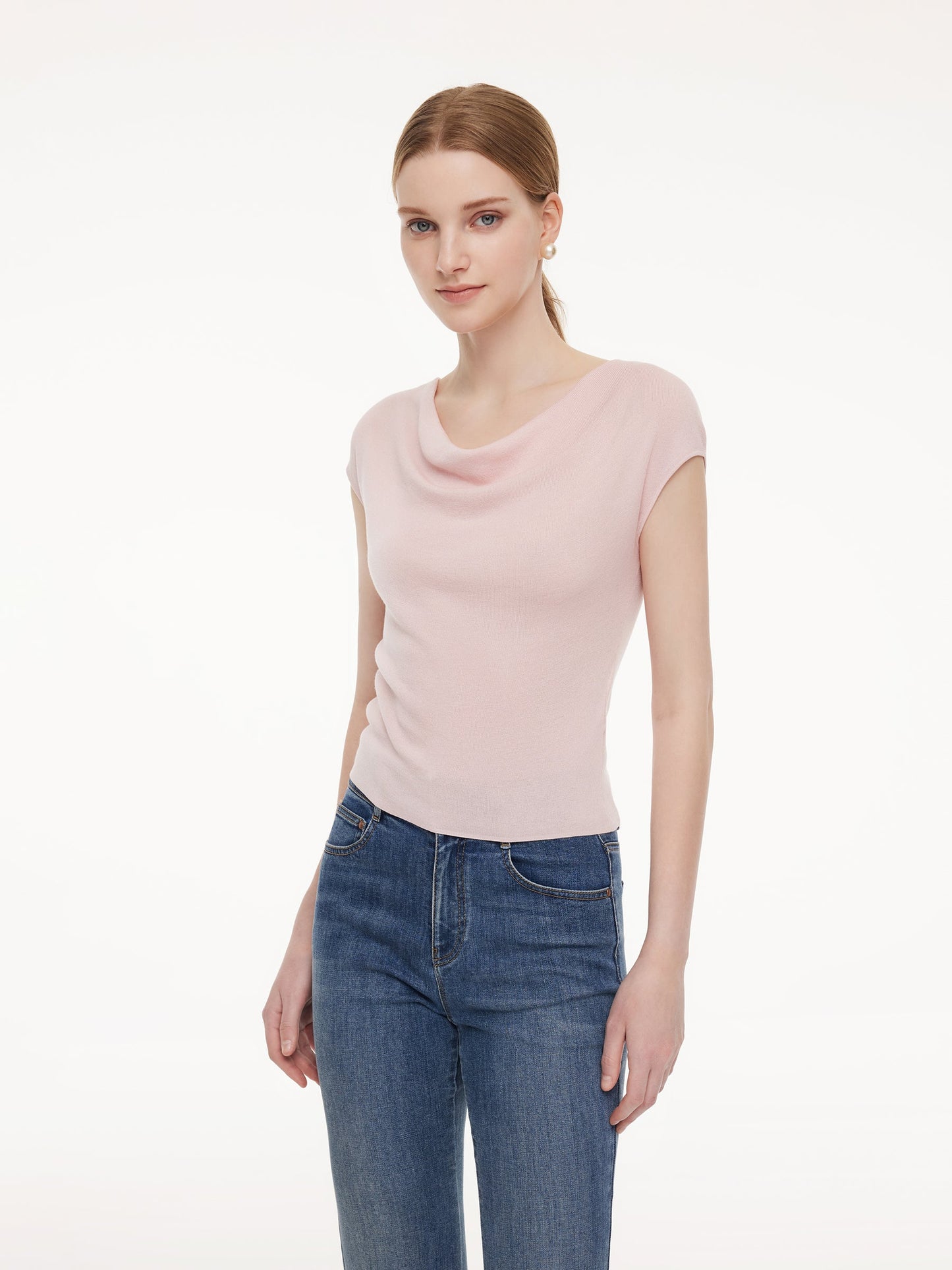 Tencel Mulberry Silk Cowl Neck Women Cap Sleeve Knit Top