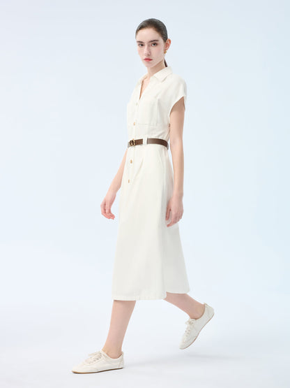 Lyocell Cotton Blend Denim Women V-Neck Maxi Shirt Dress With Belt