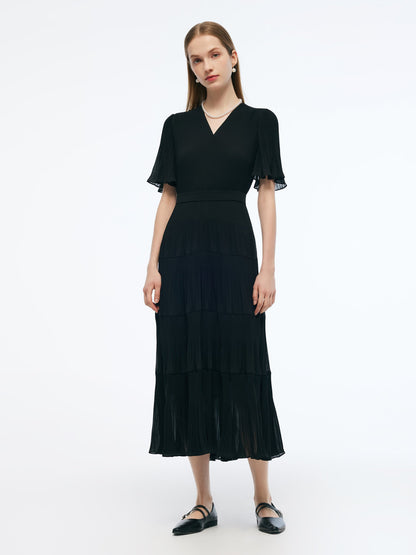Pleated V-Neck Women A-Line Tie Belt Maxi Dress