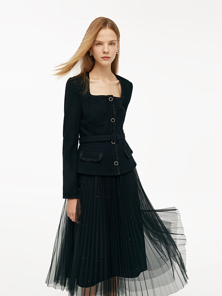Wool Crop Jacket And Tulle Skirt Two-Piece Set With Belt