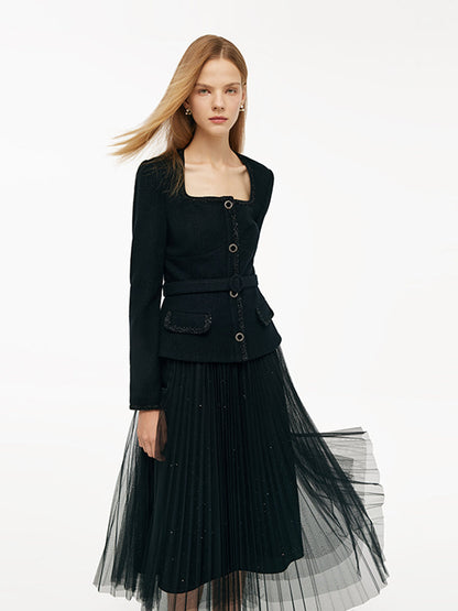 Wool Crop Jacket And Tulle Skirt Two-Piece Set With Belt