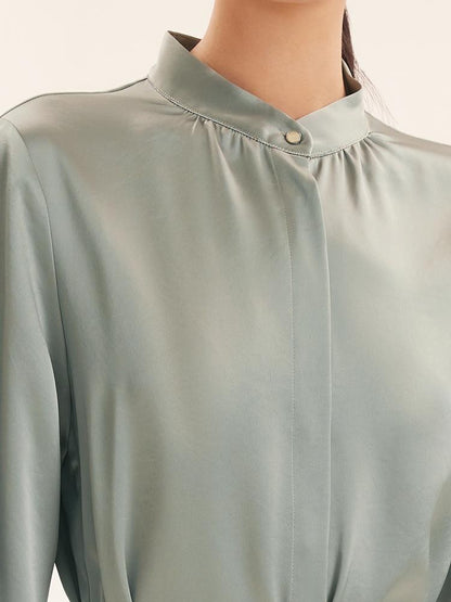 Triacetate Long-Sleeve Slim Midi Collared Dress