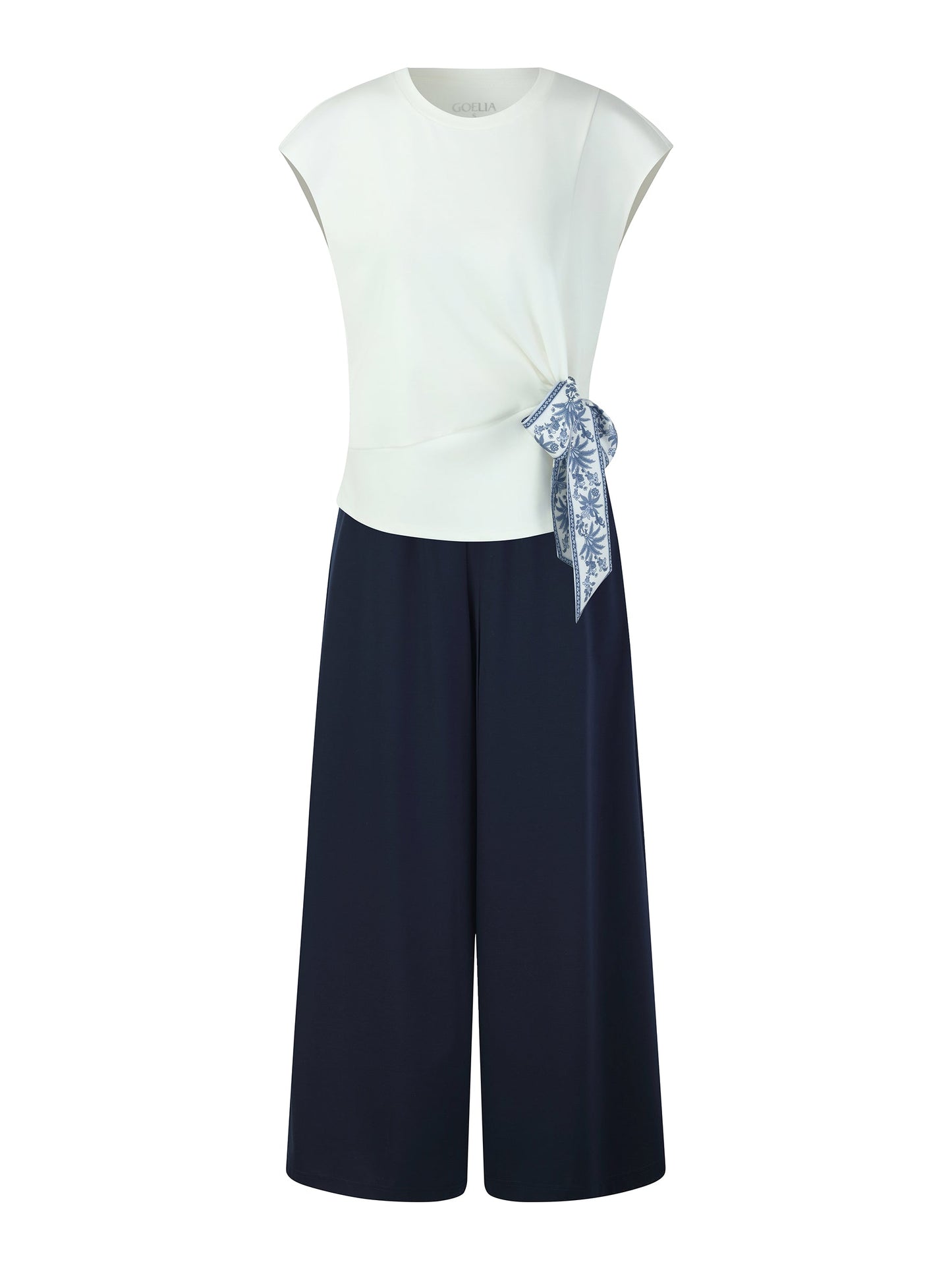 Tencel Blend Twist Front Top And Wide Leg Pants Two-Piece Set With Silk Scarf