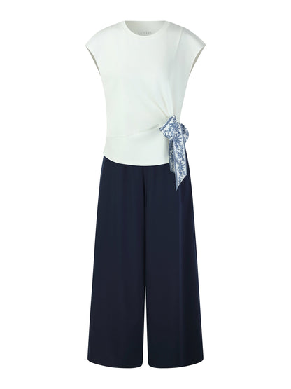 Tencel Blend Twist Front Top And Wide Leg Pants Two-Piece Set With Silk Scarf