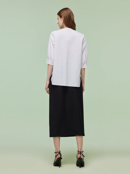 Pre-Order 3/4 Sleeve Shirt And Front Slit Skirt Two-Piece Set With Leather Belt
