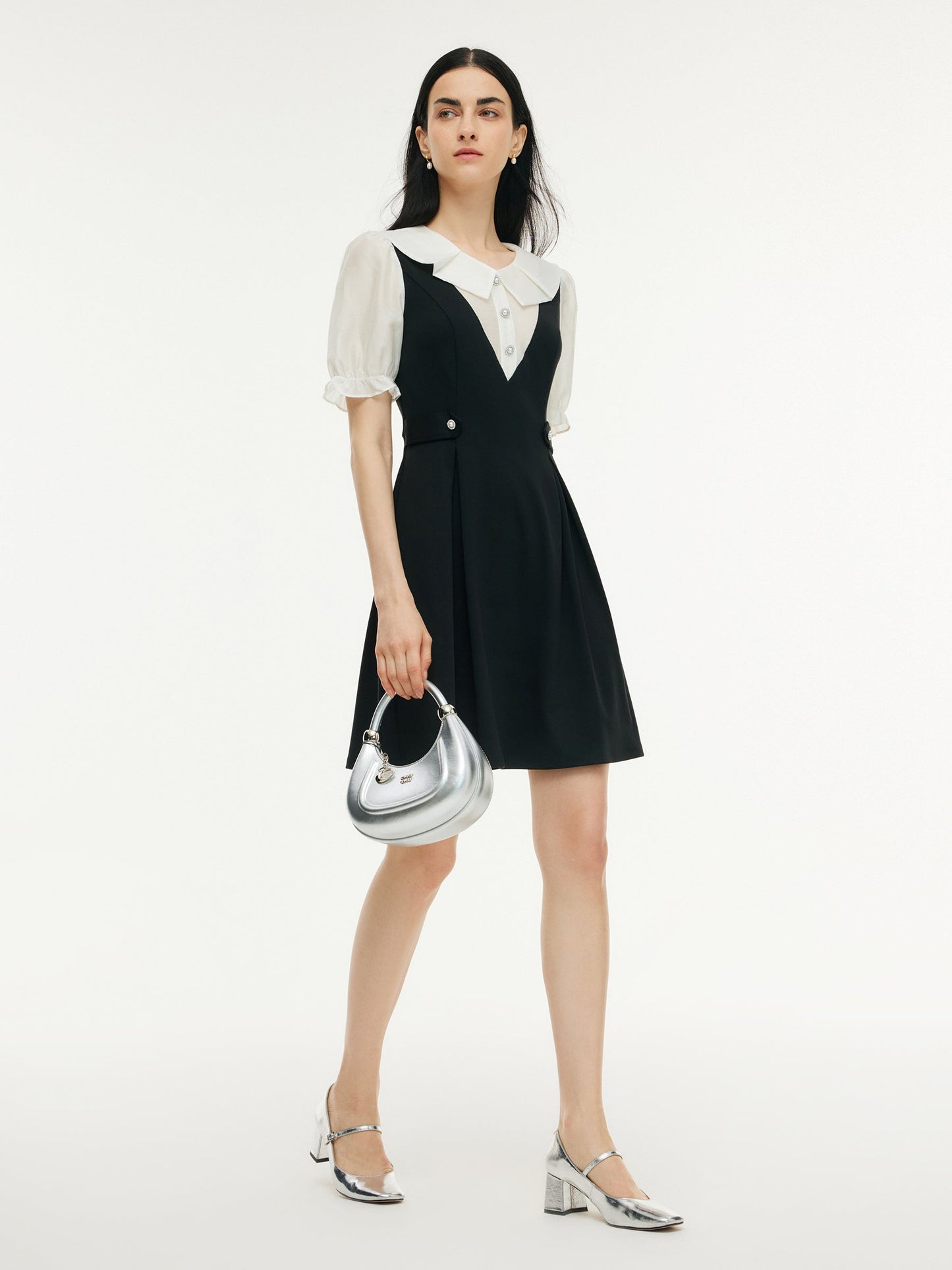 Faux-Layered A-Line Women Puff Sleeve Knit Mini Dress