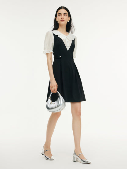Faux-Layered A-Line Women Puff Sleeve Knit Mini Dress