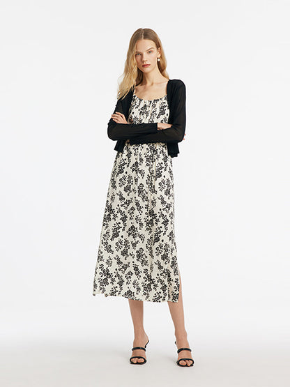 Camellia Print Spaghetti Strap Dress And Knitted Cardigan Two-Piece Set