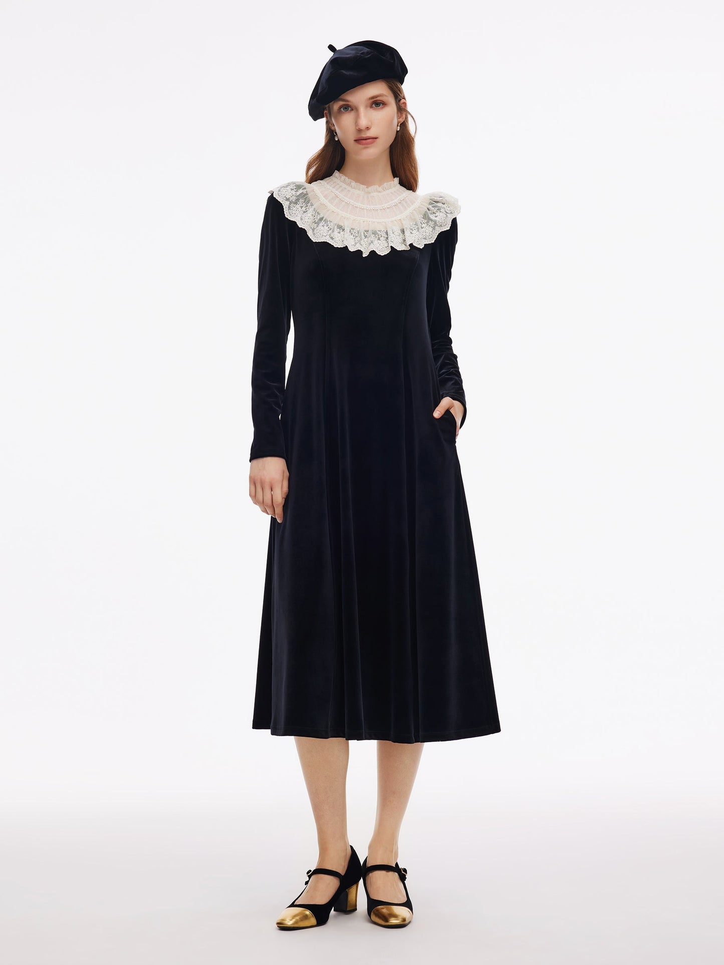 Velvet Sheer Lace Collar Women Midi Dress With Beret