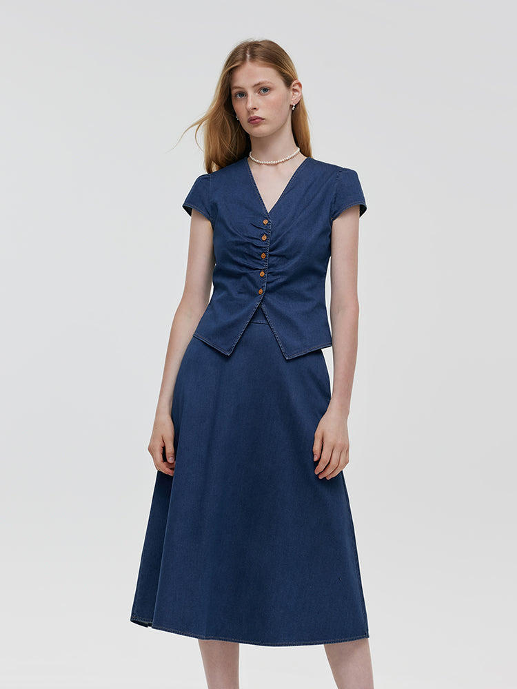 Pre-Order Denim V-Neck Top And Midi Skirt Two-Piece Set