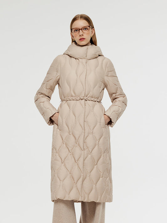 Gathered Waist Long Goose Down Coat With Belt
