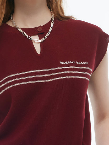 Tencel Blend Stripe Letter Print Women Cap Sleeve Knit Top