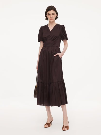 Cotton Blend V-Neck Women A-Line Tiered Maxi Dress