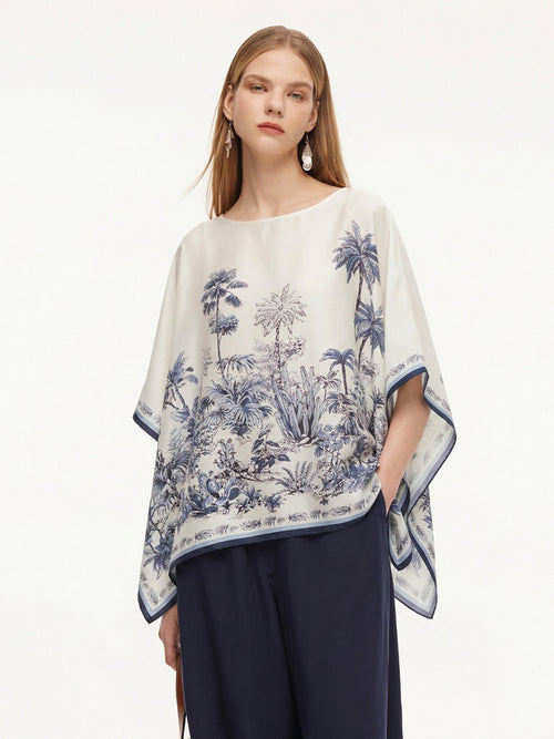 12MM Mulberry Silk Floral Print Women Cape Blouse