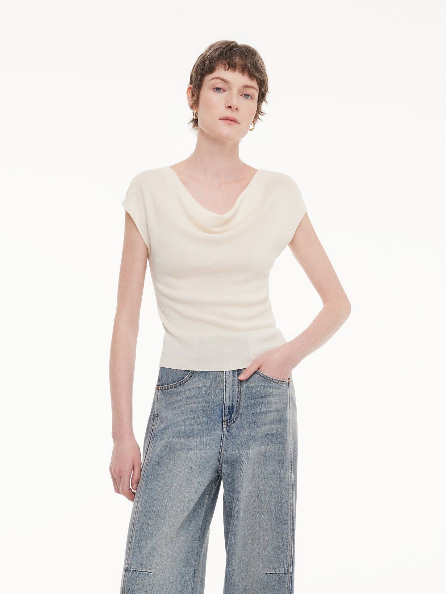 Tencel Mulberry Silk Cowl Neck Women Cap Sleeve Knit Top