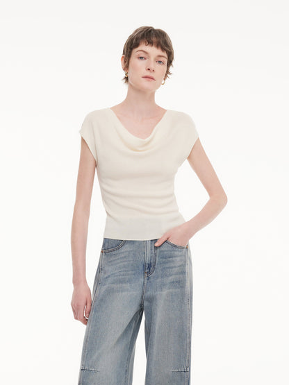 Tencel Mulberry Silk Cowl Neck Women Cap Sleeve Knit Top