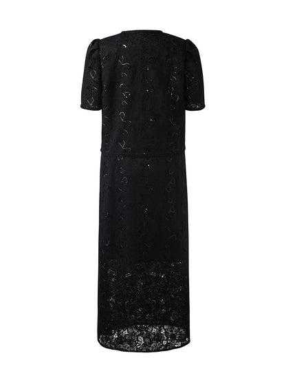 Lace Sequins Crop Jacket And Slit Skirt Two-Piece Set